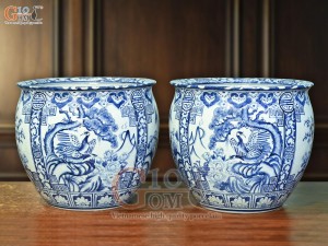 Đôi thống men lam cổ vẽ tứ cảnh Tùng Cúc Trúc Mai, đường kính 39cm