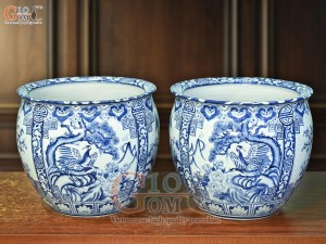 Đôi thống men lam cổ vẽ tứ cảnh Tùng Cúc Trúc Mai, đường kính 39cm