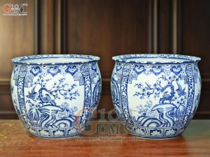 Đôi thống men lam cổ vẽ tứ cảnh Tùng Cúc Trúc Mai, đường kính 39cm