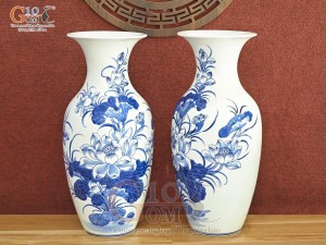 Đôi tiểu lộc bình men lam cổ vẽ Sen Tài Lộc, cao 40cm