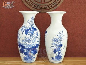 Đôi tiểu lộc bình men lam cổ vẽ Sen Tài Lộc, cao 40cm