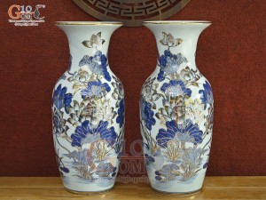 Đôi tiểu lộc bình men lam cổ vẽ Sen Tài Lộc vẽ vàng 24k, cao 40cm