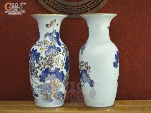 Đôi tiểu lộc bình men lam cổ vẽ Sen Tài Lộc vẽ vàng 24k, cao 40cm