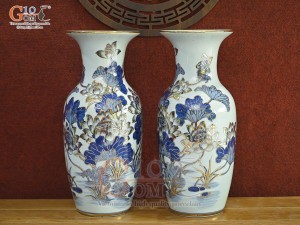 Đôi tiểu lộc bình men lam cổ vẽ Sen Tài Lộc vẽ vàng 24k, cao 40cm