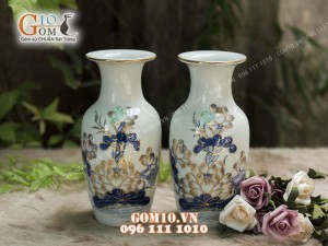 Đôi tiểu lộc bình men rong cổ họa tiết hoa Sen, cao 28cm - vẽ Vàng 24k