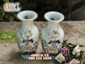 Đôi tiểu lộc bình men rong cổ họa tiết hoa Sen, cao 28cm - vẽ Vàng 24k