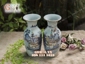Đôi lộc bình men lam cổ họa tiết Sơn Thủy Hữu Tình vẽ Vàng 24k, cao 28cm