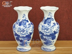 Đôi tiểu lộc bình miệng lượn men lam cổ vẽ Sen Tài Lộc, cao 30cm