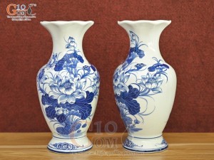 Đôi tiểu lộc bình miệng lượn men lam cổ vẽ Sen Tài Lộc, cao 30cm