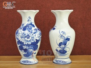 Đôi tiểu lộc bình miệng lượn men lam cổ vẽ Sen Tài Lộc, cao 30cm