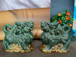 Đôi tỳ hưu men xanh đắp nổi, cao 14cm