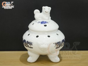 Đốt trầm men trắng họa tiết Rồng xanh kim S2 cao 10cm