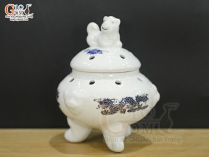 Đốt trầm men trắng họa tiết Rồng xanh kim S1 cao 13cm