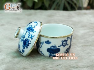Bát nắp men lam vẽ cổ đồ bọc đồng, phi 11cm