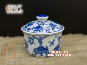 Bát nắp men lam cổ vẽ Tứ bình, đường kính 12cm