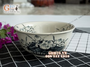 Bát tô cổ họa tiết hoa sen men bóng, đường kính 19cm