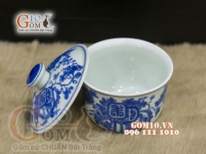 Bát nắp men lam cổ hoa cài thọ, đường kính 12cm