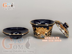 Bát trà sâm Xanh coban đắp nổi Sen - vẽ vàng 24k