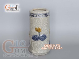 Ống hương men rạn đắp nổi Sen Tài Lộc, cao 22cm