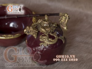 Điều bát rồng men màu bọc đồng - Đỏ mận