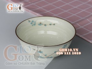 Bát tô loe men kem vẽ hoa Đào xanh, đường kính 16cm