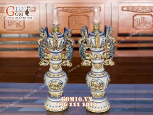 Đôi đèn dầu cao men rạn đắp nổi rồng 50cm