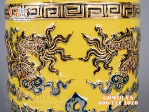 Bát hương Vàng đắp nổi Song Long Chầu Nguyệt - vẽ vàng 24k, đường kính 27cm