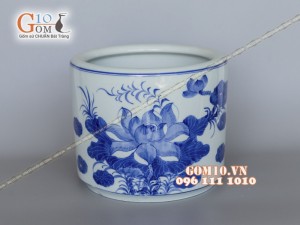 Bát hương men lam vẽ Sen Tài Lộc, đường kính 20cm