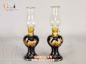 Đôi đèn dầu dáng tròn Xanh coban đắp nổi Đào - vẽ vàng 24k