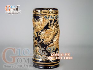 Ống hương Xanh coban đắp nổi Rồng - vẽ vàng 24k, cao 25cm