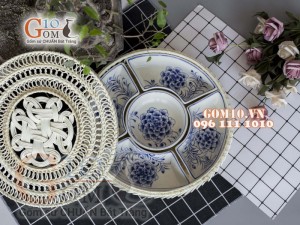 Bộ khay sứ đựng thức ăn họa tiết hoa Mẫu Đơn màu