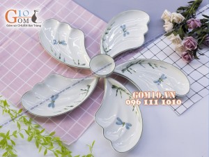 Bộ đĩa cánh tiên xếp hoa 5 cánh men kem vẽ Trúc Chuồn