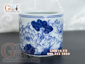 Bát hương men lam vẽ Sen Tài Lộc, đường kính 12cm