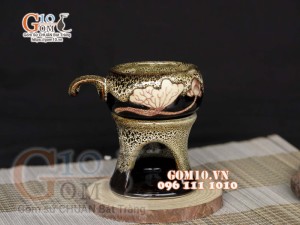 Bộ bếp đun cà phê men hỏa biến gấm vàng khắc sen