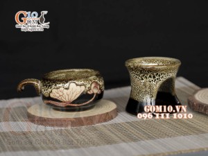 Bộ bếp đun cà phê men hỏa biến gấm vàng khắc sen