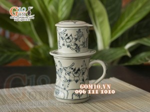 Bộ phin cà phê men rạn cổ vẽ hoa sen  đen