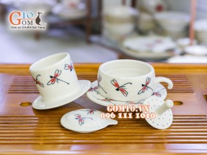 Bộ phin cà phê men trắng vẽ chuồn chuồn