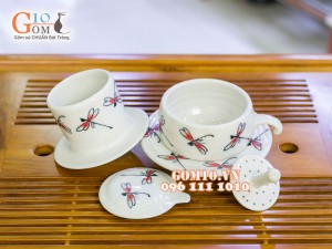 Bộ phin cà phê men trắng vẽ chuồn chuồn