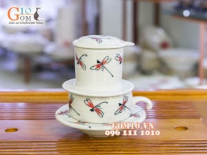 Bộ phin cà phê men trắng vẽ chuồn chuồn