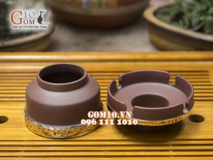 Gạt tàn gốm nâu bọc đồng