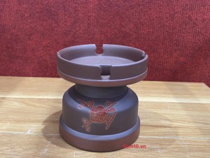 Gạt tàn gốm nâu khắc hoa đào