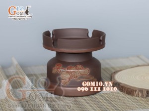 Gạt tàn gốm nâu khắc sen đỏ