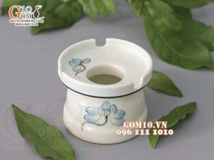 Gạt tàn men kem vẽ hoa sen xanh