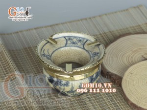 Gạt tàn tròn men rạn cổ bọc đồng, cảnh sơn thủy