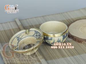 Gạt tàn tròn men rạn cổ bọc đồng, cảnh sơn thủy