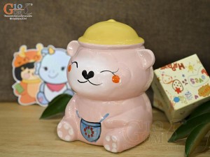 Gấu sứ tiết kiệm màu hồng nón vàng, cao 19cm