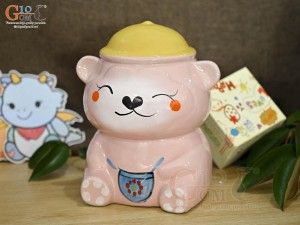 Gấu sứ tiết kiệm màu hồng nón vàng, cao 19cm