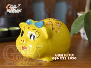 Heo sứ tiết kiệm vàng đeo nơ xanh, 16cm