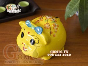 Heo sứ tiết kiệm vàng đeo nơ xanh, 16cm