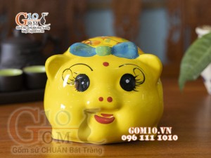 Heo sứ tiết kiệm vàng đeo nơ xanh, 16cm